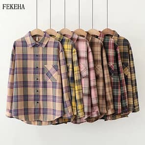 Plaid Shirts Women Top And Blouses Long Sleeve Oversized Cotton Ladies Casual Blusas One Pocket Loose