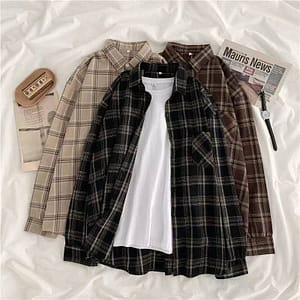 Vintage Women Plaid Shirts Loose Oversize Long Sleeve Button Up Fall Shirt Casual Pocket Female Tops 1
