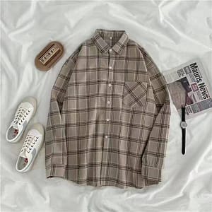 Vintage Women Plaid Shirts Loose Oversize Long Sleeve Button Up Fall Shirt Casual Pocket Female Tops 5