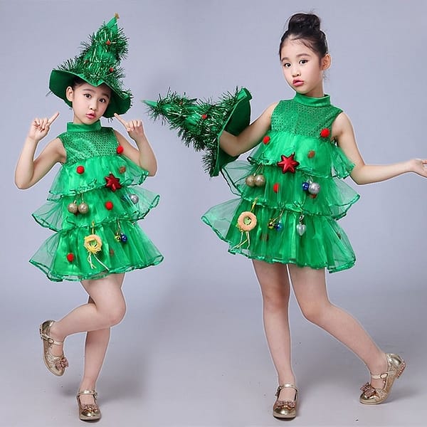 Toddler Kids Baby Girls Christmas Tree Costume Dress Tops Party Vest Hat Outfits Green Elf Kindergarten